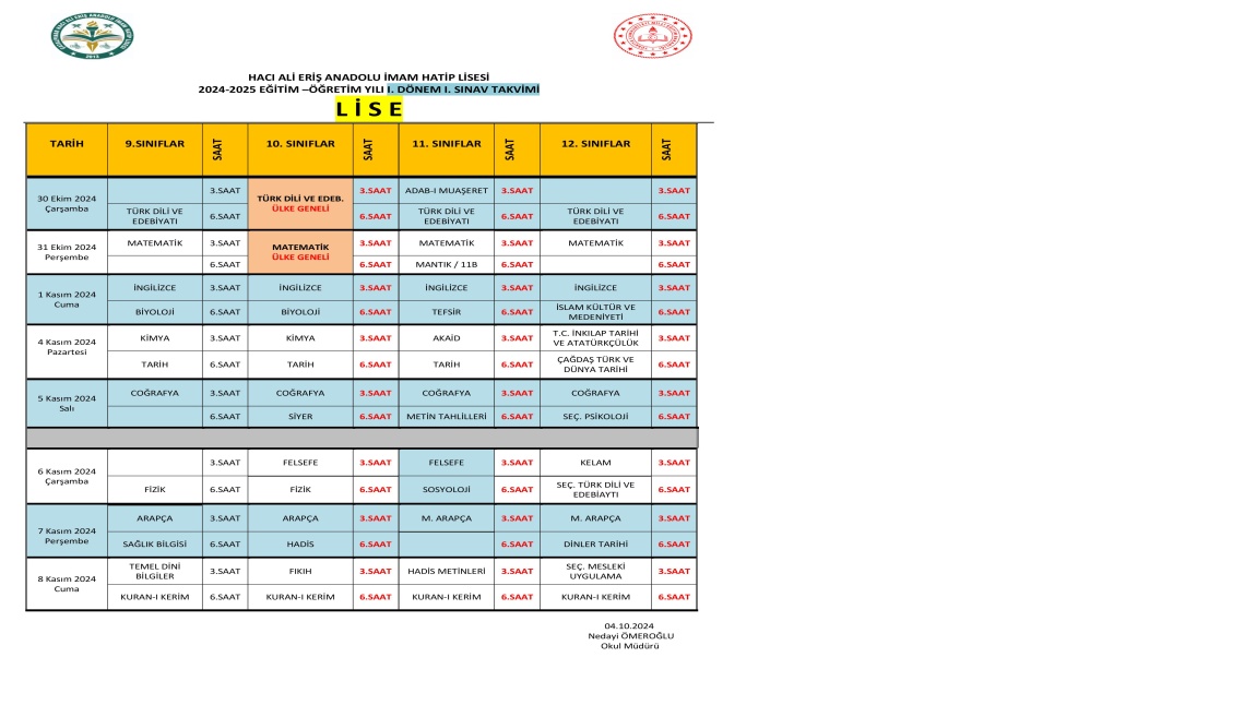 I. DÖNEM I. SINAV TAKVİMİ (LİSE)